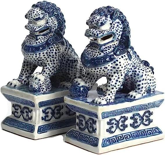 Blue & White Foo Dogs - Mini Dog Figures for Indoor, Outdoor, Garden, & Home Decor Statues - Pair... | Amazon (US)