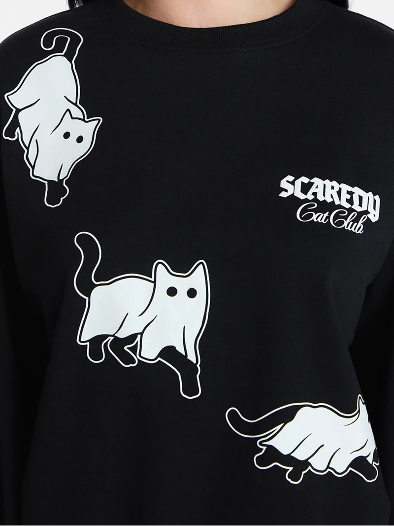 Scaredy Cat Club Women's Halloween Graphic Crew Pullover, Sizes XXS-XXL | Walmart (US)