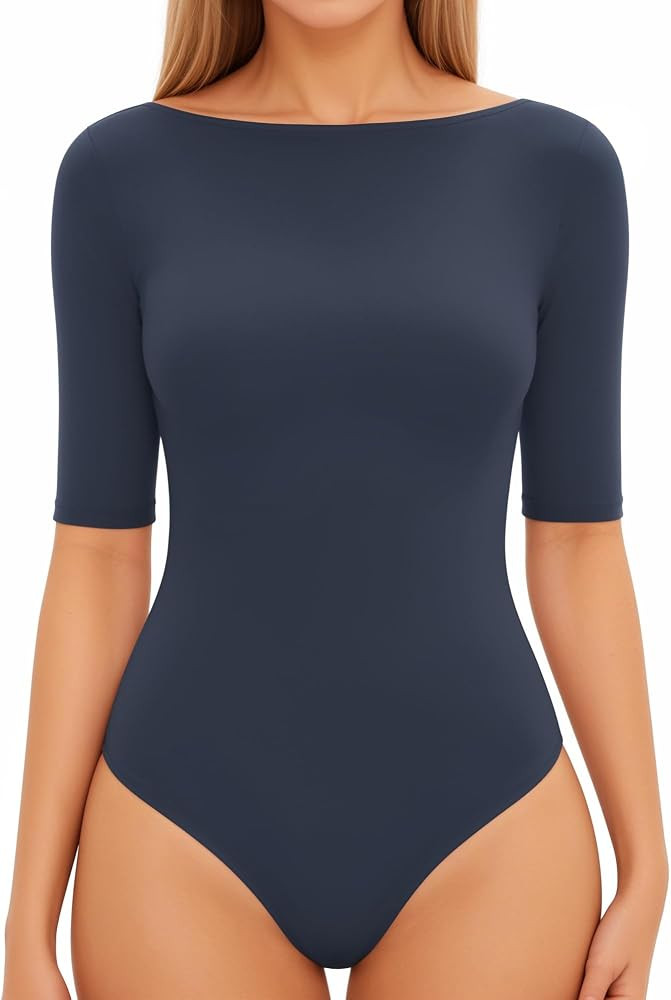 MANGOPOP Women's Half Sleeve Boat Neck Bodysuit 3/4 Sleeve Body Suit Fitted Going Out Tops 2026 | Amazon (US)