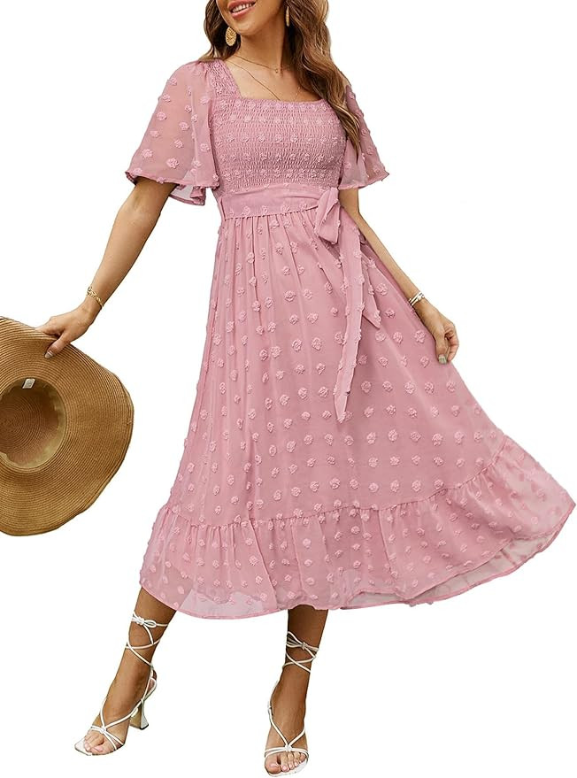 Amegoya Women's Boho Flowy Long Sleeve Square Neck Floral Midi Dress Smocked Spring Fall Wedding ... | Amazon (US)