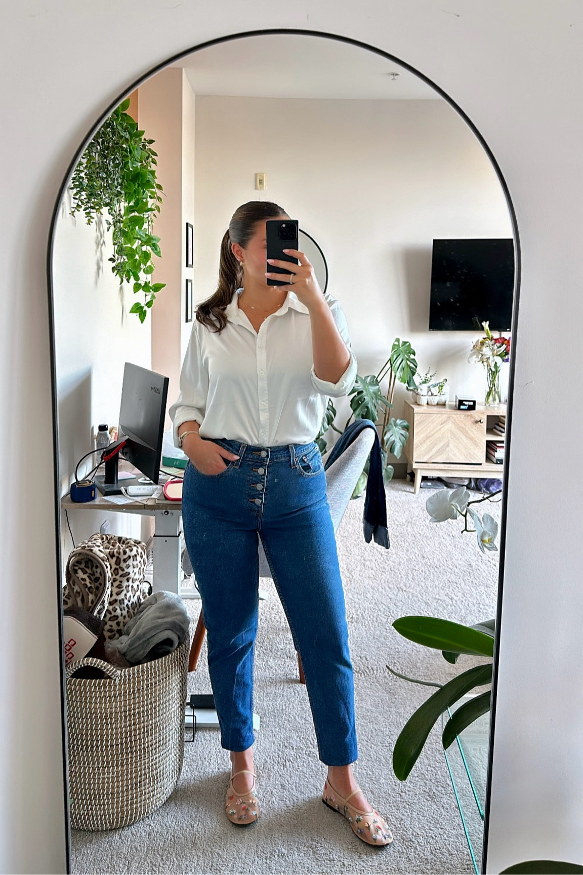 An outfit of basic staple blue jeans and a silky white button down blouse but I added a little flare with these floral nude mesh shoes. They’re super trendy and currently on sale on #amazon! Love them as a little transition shoe from summer to fall! 🌸💗

#abercrombie #madewell #falltrends #summertrends #summertofall #workwear #workoutfit #falloutfit #summeroutfit 

#LTKStyleTip #LTKWorkwear #LTKShoeCrush