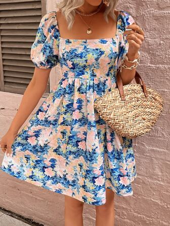 SHEIN VCAY Allover Floral Print Tie Back Square Neck Puff Sleeve Dress | SHEIN