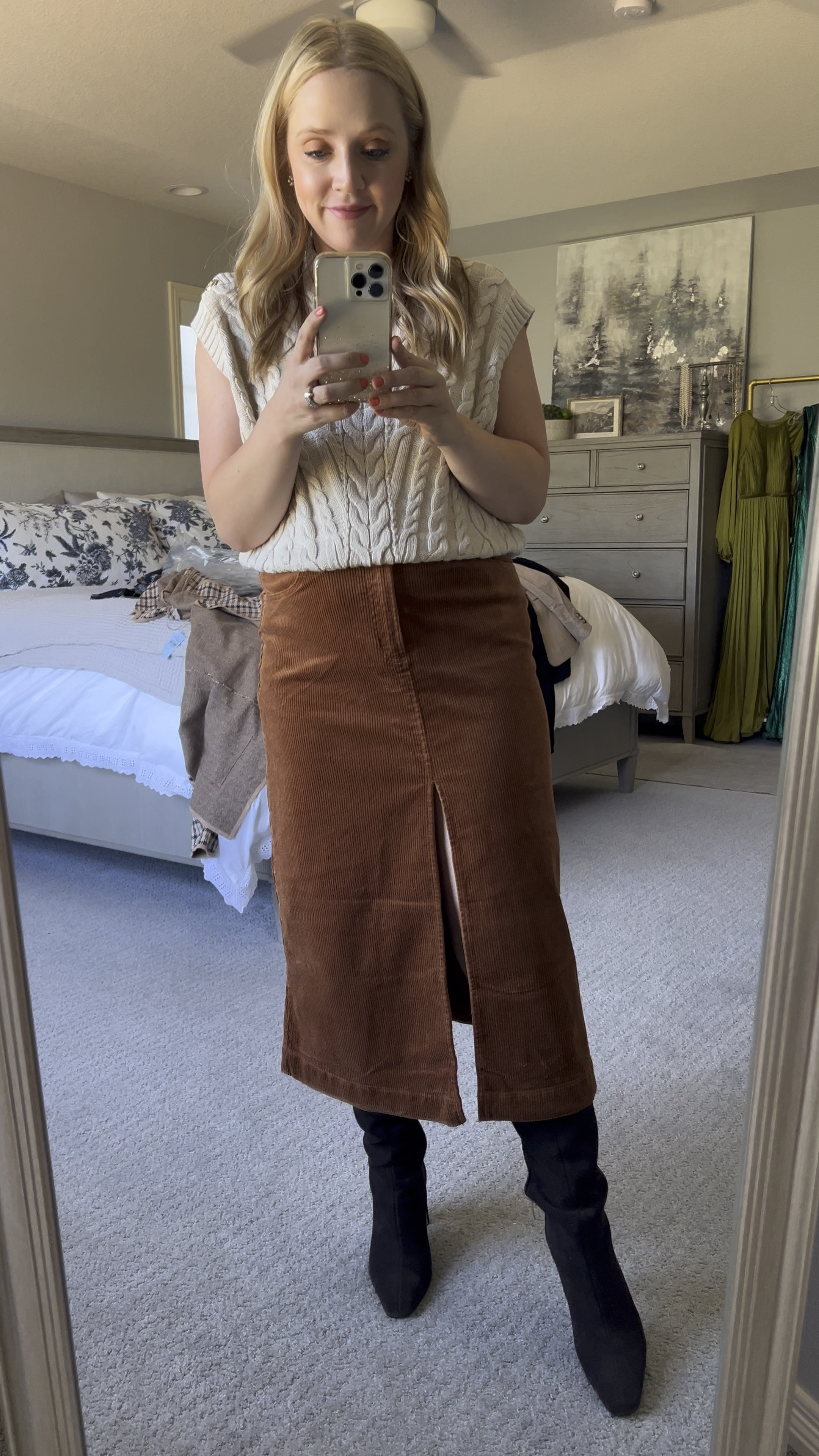 Love a corduroy skirt for fall and I love the front slit on this skirt! Cable sweater and corduroy skirt are petite and fit tts.
Fall outfit, petite, cable sweater, corduroy, fall outfits, skirts, outfits for fall, loft. 

#LTKSaleAlert