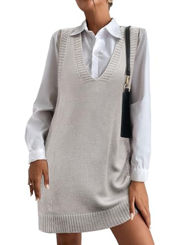 HOTOUCH V Neck Sweater Vest Dress for Women Knit Sleeveless Dress Chunky Sweater Dress with Pockets, Light Grey S | Amazon (US)