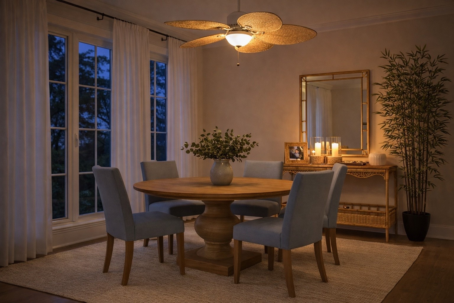 This Serena & Lily inspired dining room features a light and airy coastal design with a round wood pedestal table, soft blue upholstered dining chairs, and natural woven textures. Styled with a rattan console, gold mirror, and minimal decor, this space captures the signature coastal luxe aesthetic. Perfect for anyone looking to recreate a Serena & Lily look for less with neutral, timeless pieces and elevated styling.

#LTKU #LTKHome #LTKSeasonal