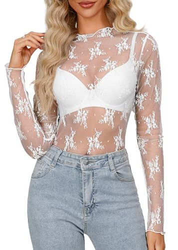 Diosun Womens Mesh Sheer Tops Long Sleeve Mock Neck Sexy See Through Shirts Lace Floral Blouses Y... | Amazon (US)