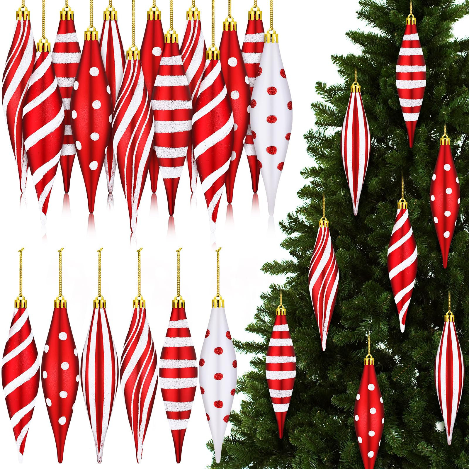 Realspring 12 Pcs Red and White Christmas Ball Ornaments 6.3'' Finial Drop Xmas Plastic Droplet S... | Amazon (US)