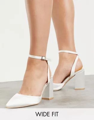 Be Mine Bridal Wide Fit Neima block heeled shoes in ivory satin | ASOS (Global)