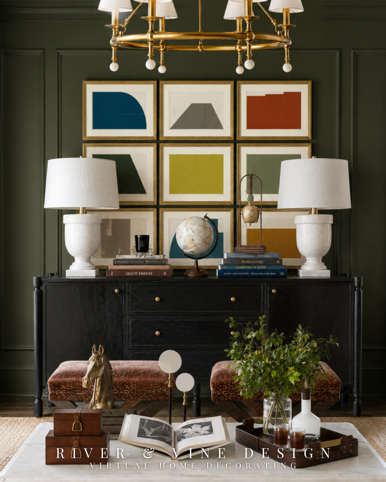 Your sideboard looks unfinished when everything sits at the same height.

Start with one structured backdrop, like a symmetrical gallery wall, then create three distinct levels across the surface: tall lamps, medium-height objects, and lower stacks of books. Repeating materials—white marble, aged brass, dark wood, and vintage-inspired accessories—keeps a fuller arrangement from feeling cluttered.

This is an easy styling formula for a dining room buffet, living room console, or entryway sideboard. Save it for the next time you cannot figure out what to place above a long piece of furniture.

Affiliate links may earn me a commission at no additional cost to you. 

 #LTKHome