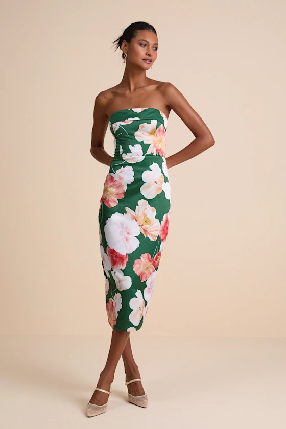 Oriana Dark Green Floral Satin Strapless Midi Dress | Lulus