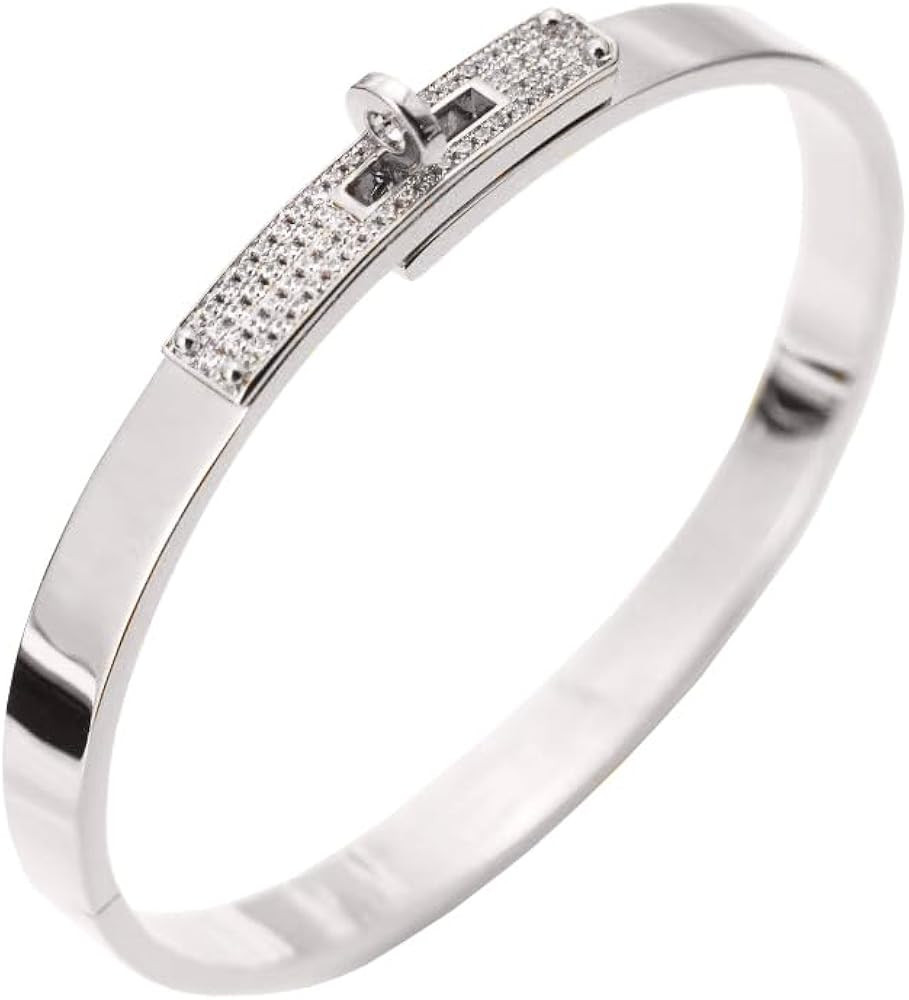 18K Gold Plated Turn Lock Bracelet with Cubic Zirconia，Classical Fashion Stainless Steel Bangle... | Amazon (US)
