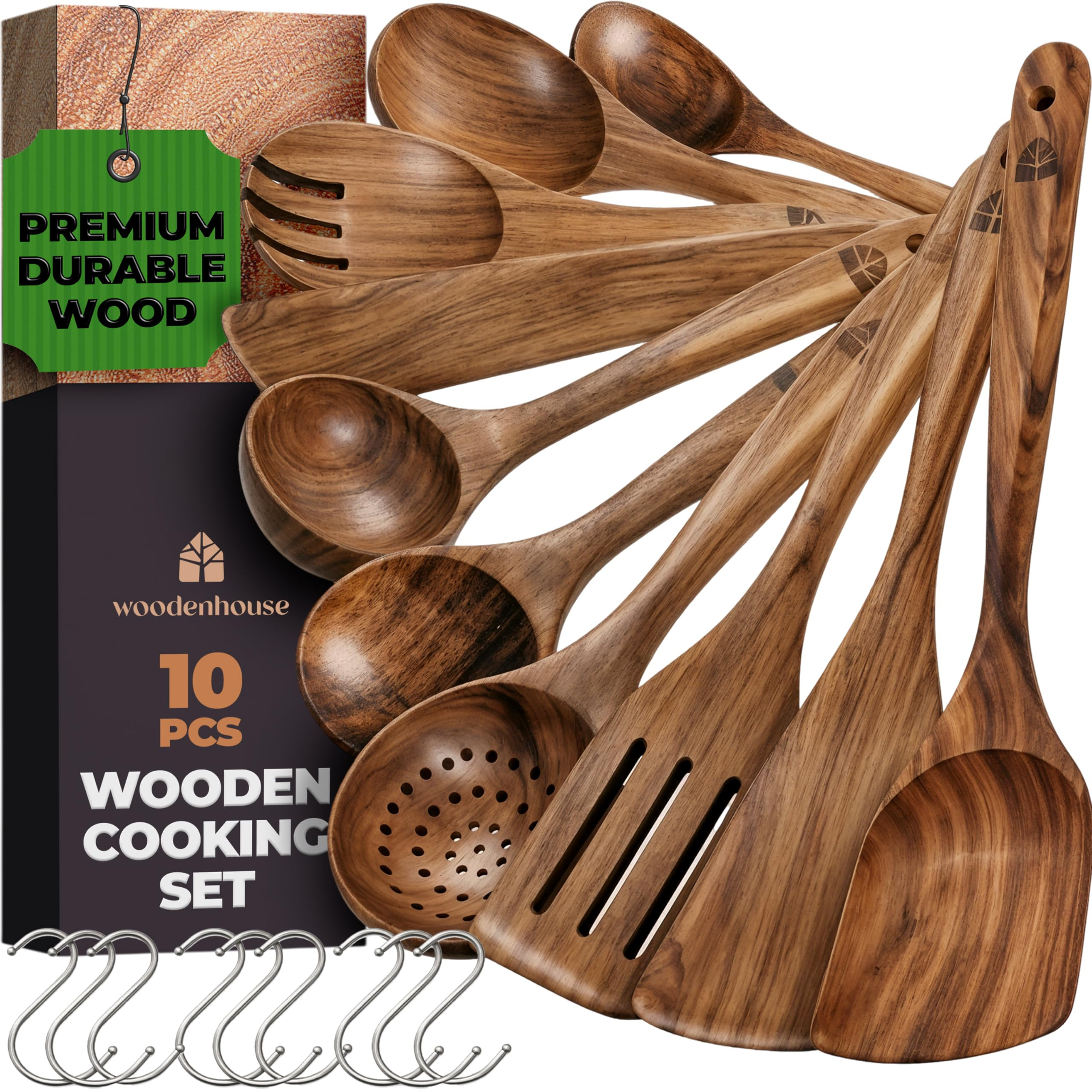 Wooden Spoons for Cooking – 10 Pcs Premium Teak Wooden Utensil Set with Hooks - Durable, Nonsti... | Amazon (US)