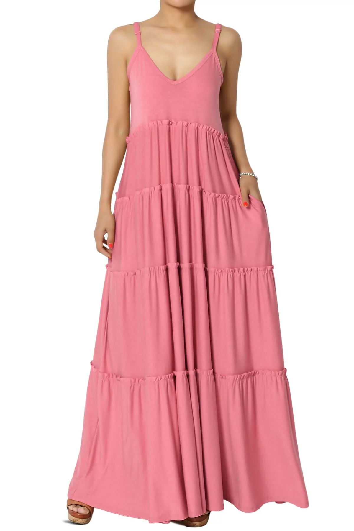 TheMogan Women's S~3X Ruffle Tiered V-Neck Cami Long Maxi Dress w Pocket Casual - Walmart.com | Walmart (US)