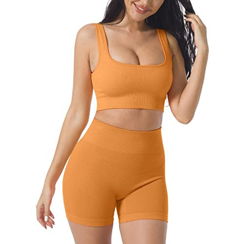 Workout Sets For Women Shorts And Bra Yoga Sexy Outdoor Running Nude Fitness Wear Tight Sportswear Clothing (Orange, L) | Amazon (US)