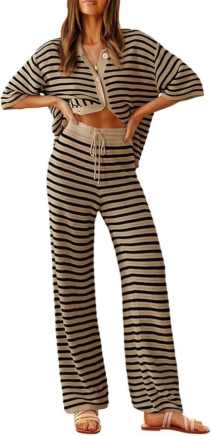 Tankaneo Womens Knit 2 Piece Lounge Sets Striped Short Sleeve Tops and Wide Leg Pants Travel Airp... | Amazon (US)