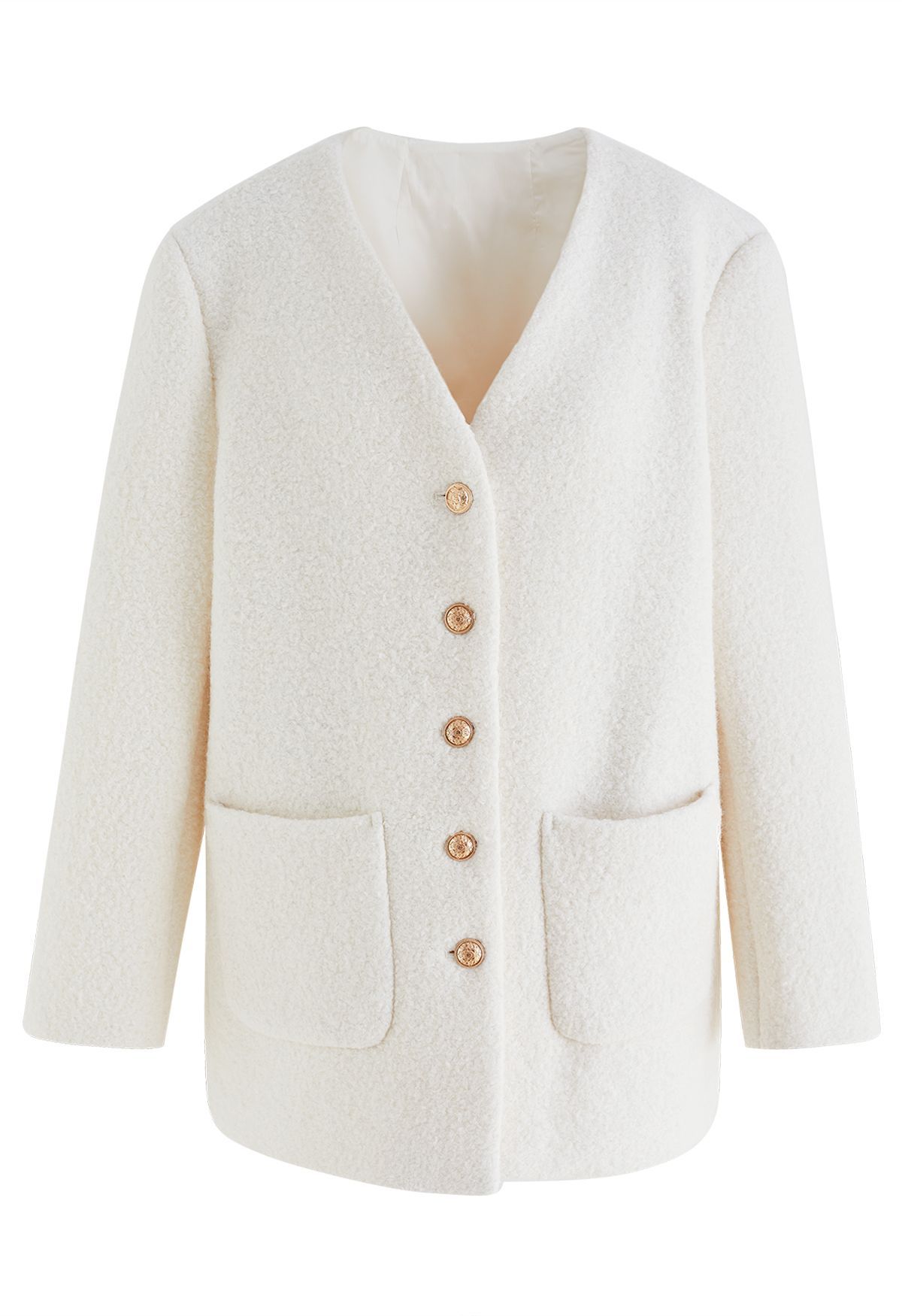 Collarless Button Down Wool-Blend Coat in Ivory | Chicwish