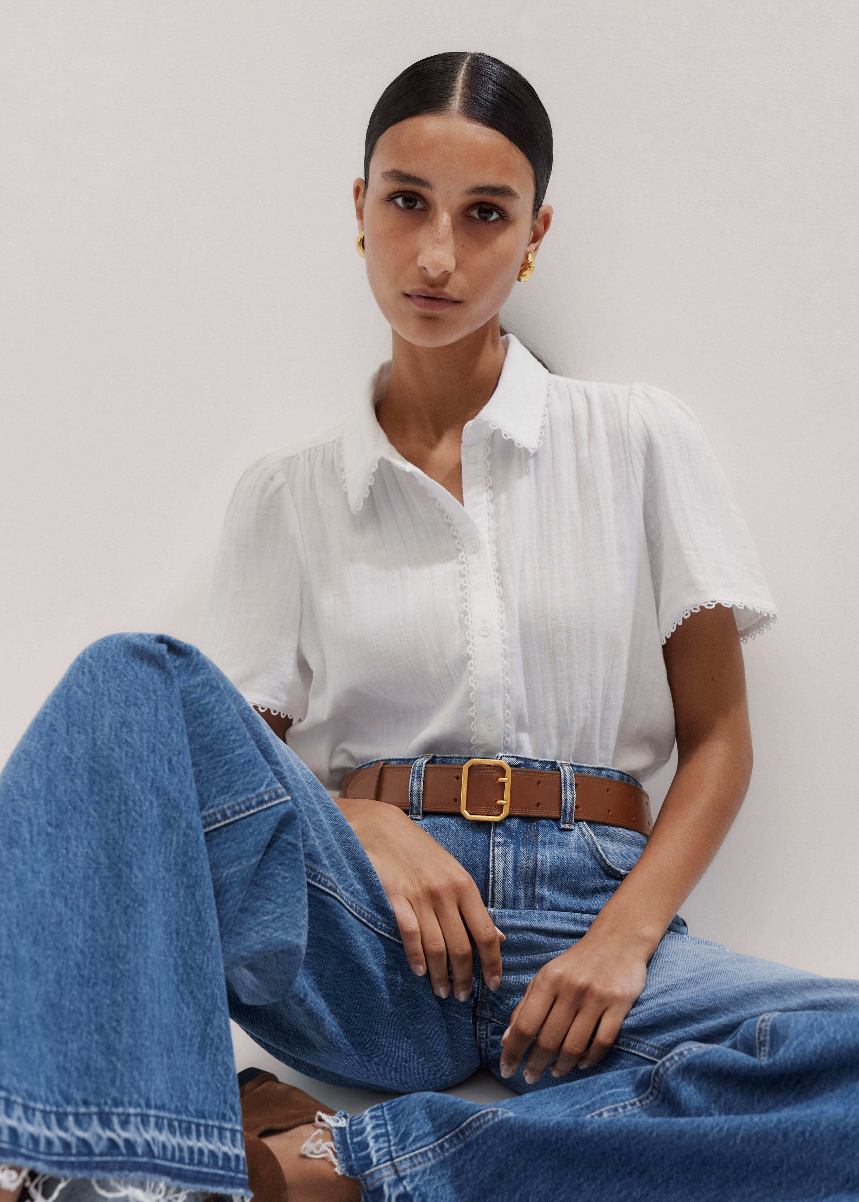 Women's White Cheesecloth Trim Detail Blouse | ME+EM | ME+EM US