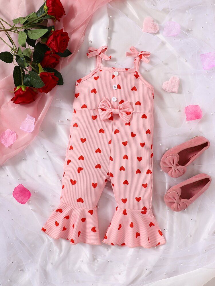 Baby Heart Print Bow Front Flare Leg Cami Jumpsuit | SHEIN