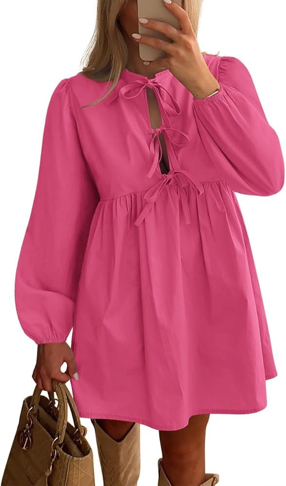 BTFBM Women's 2024 Fall Dresses Long Puff Sleeve Bow Tie Front Y2k Babydoll Peplum A Line Casual ... | Amazon (US)