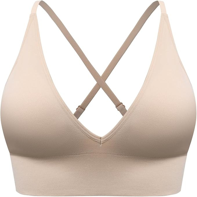 Bralette for Women Removable Padded Sports Strappy Bra Yoga Seamless V Neck Triangle Wireless Lon... | Amazon (US)