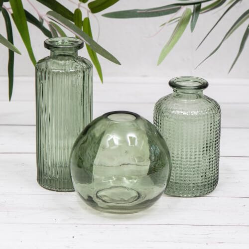 Set of 3 Green Vintage Glass Ribbed Bottle Flower Display Bud Vases | Amazon (UK)