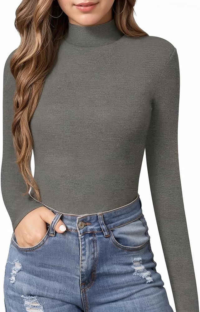 MANGOPOP Women's Mock Turtle Neck Slim Fit Long Half Short Sleeve T Shirt Tight Tops Tee | Amazon (US)