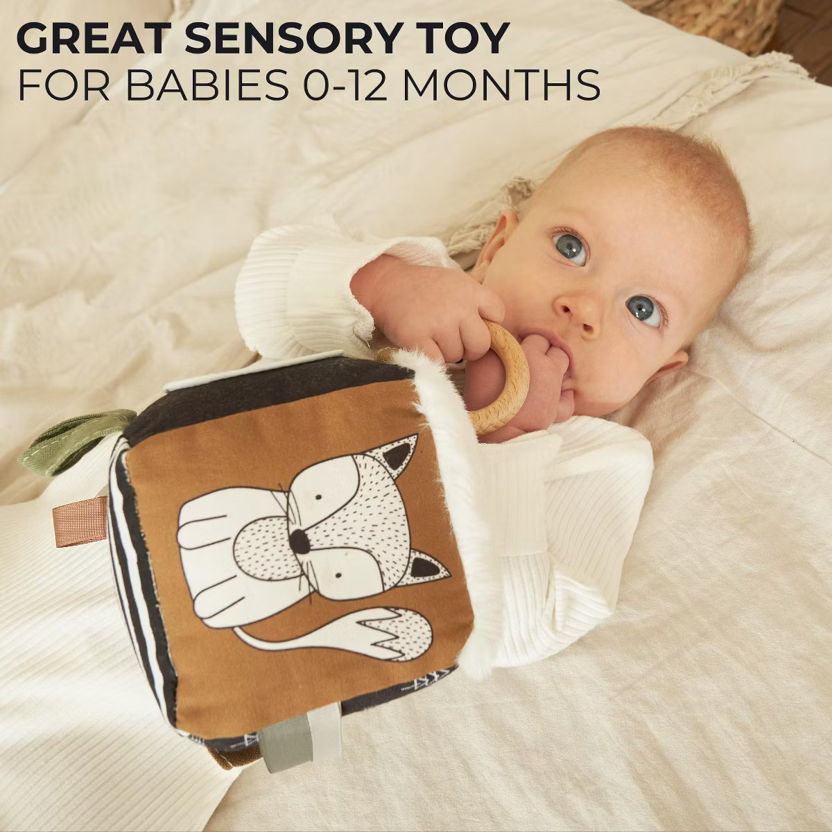 Soft Toy Block with Wooden Ring for Babies 0-6 Months – High Contrast Sensory Cube & Teether wi... | Target