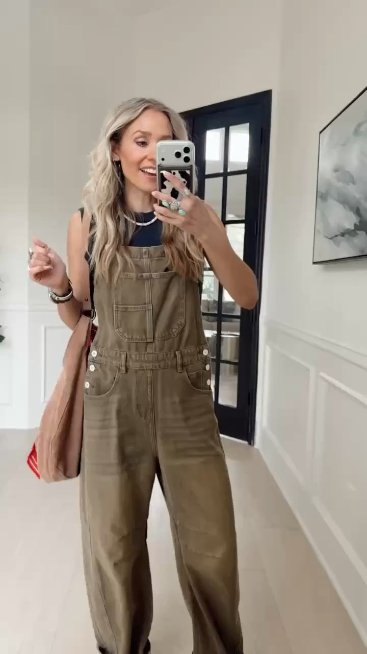 Sale alert‼️ my favorite Free People inspired overalls are over 30% off today. 

I have them in this army green color and also in the light blue🙌🏼￼

Wearing size small (my tts) in everything. 



#LTKootd #LTKgrwm #LTKmomlife