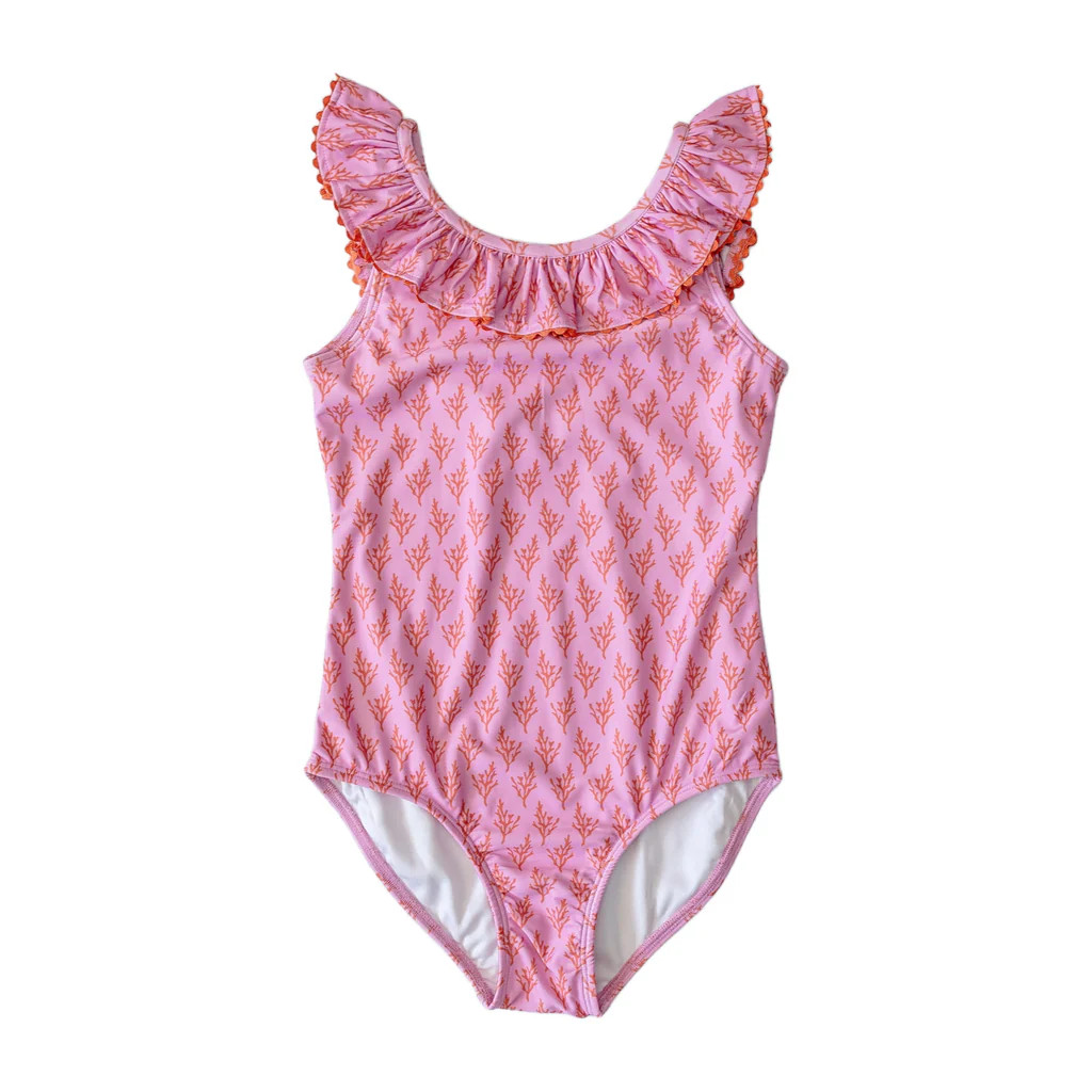 Wide Ruffle Girls Swimsuit - Pink Coral (Pre-order) | Eyelet & Ivy