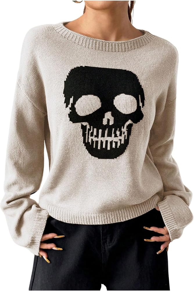 SweatyRocks Women's Halloween Skull Sweaters Long Sleeve Pullovers Knit Top | Amazon (US)