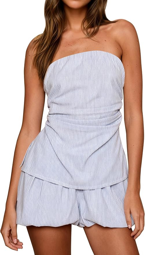 Women's Striped Tube Top Set 2 Piece Shorts Sets Summer Strapless Ruched Bandeau Bubble Shorts Y2... | Amazon (US)