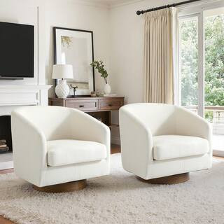 Beige Cotton Line Upholstered 360° Swivel Arm Chair With Wood Base (Set of 2) | The Home Depot