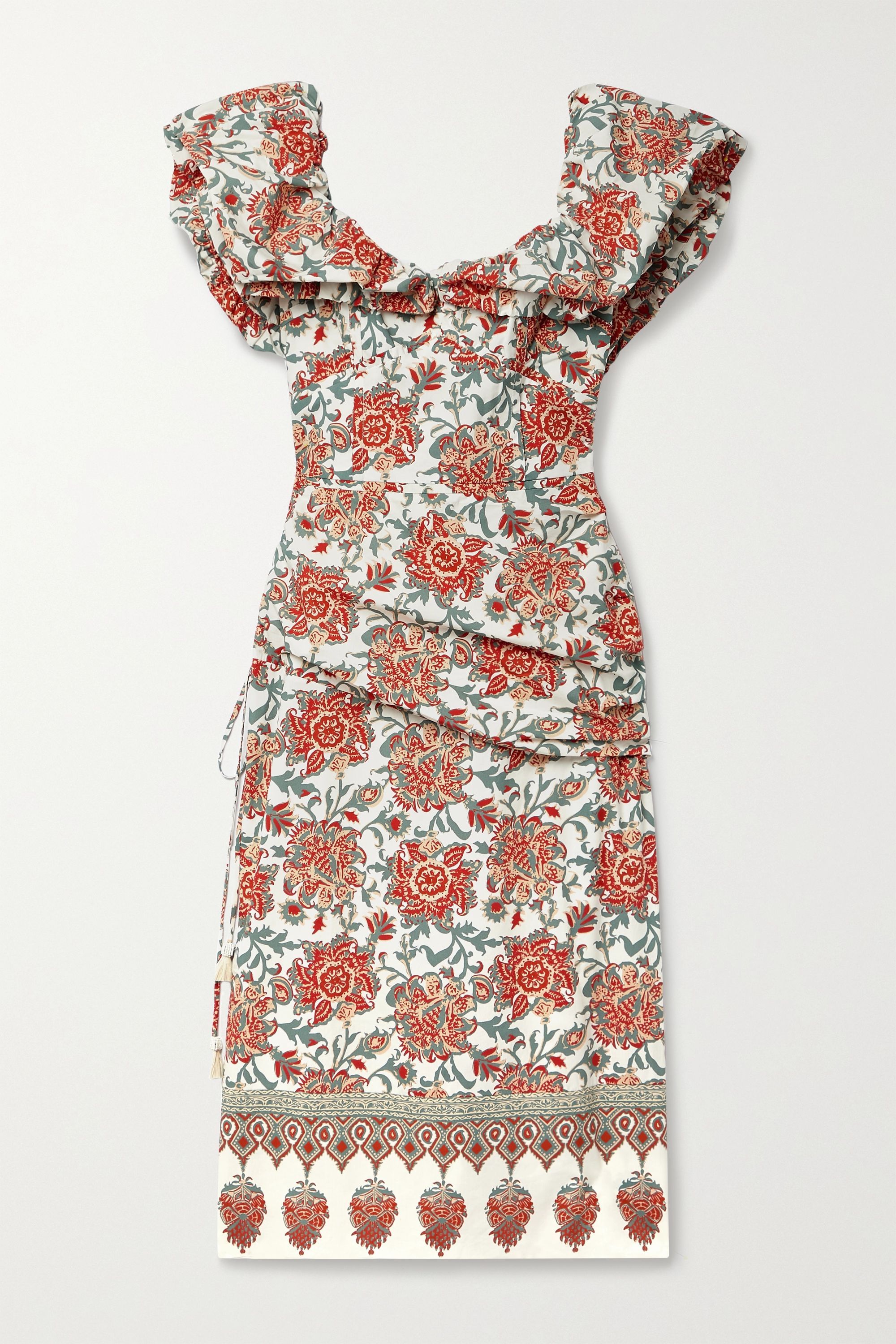 Art de Vivre ruffled ruched floral-print cotton-poplin midi dress | NET-A-PORTER (US)