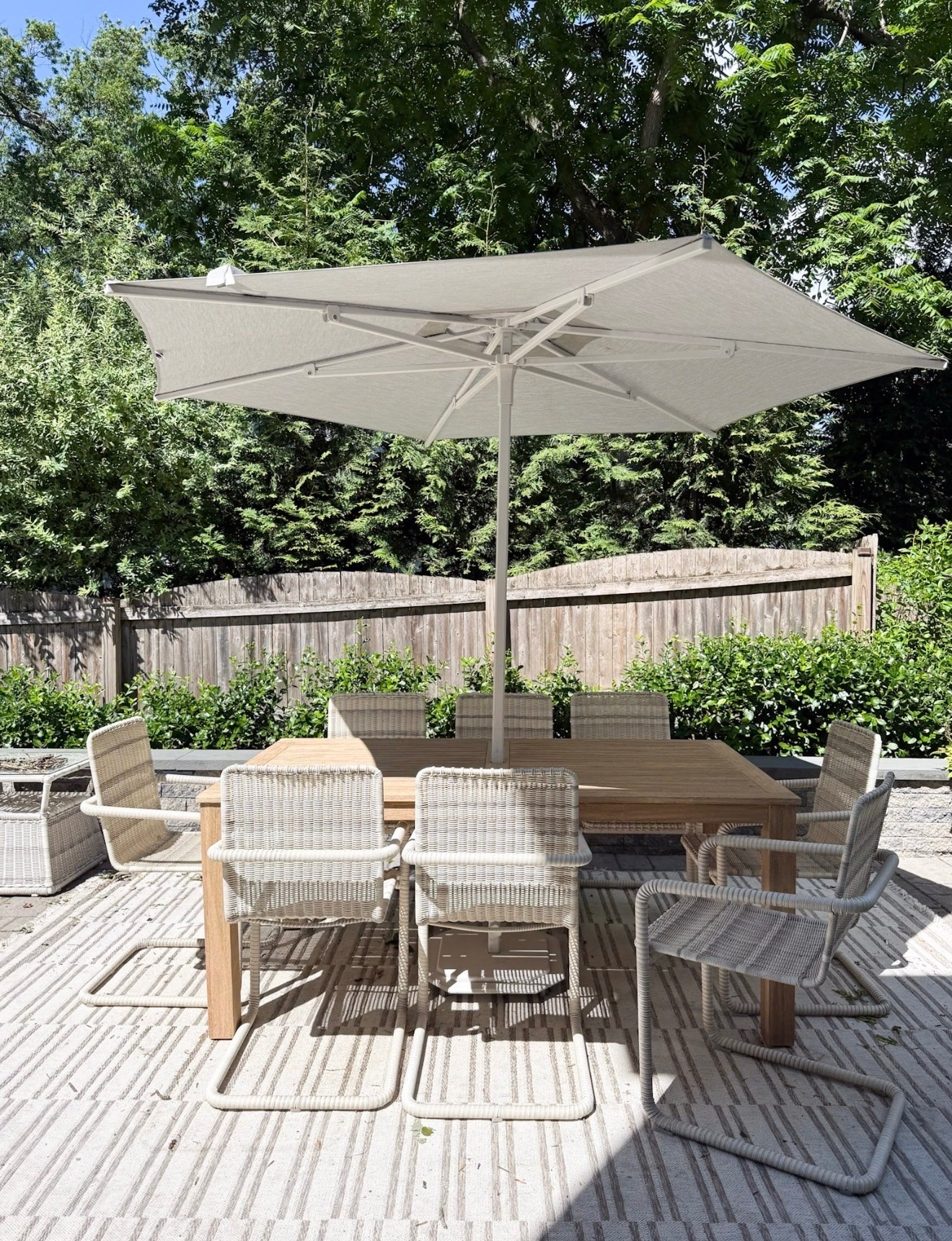 This outdoor rug makes the entire patio dining area feel like a true extension of the home. The neutral geometric pattern adds just enough definition under the table while letting the woven chairs, warm wood, and greenery do the talking.

outdoor area rug, patio rug, neutral outdoor rug, geometric outdoor rug, outdoor dining area, patio decor, outdoor entertaining, neutral patio decor, backyard dining, outdoor living space, girlonthehudson

#LTKSeasonal #LTKHome