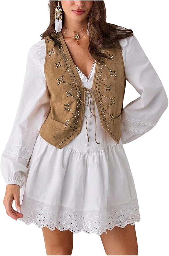 MakeMeChic Women's Rivet Studded Faux Suede Vest Tie V Neck Sleeveless Spring Cowgirl Vests Outer... | Amazon (US)