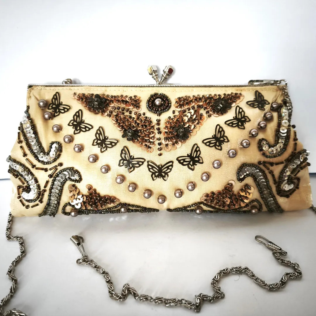 Evening Bag Gold Satin Vintage Purse Butterflies Flowers Pearls Sequin Beaded Clutch Party Prom B... | Etsy (US)