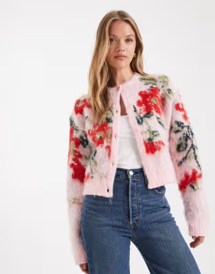 ASOS DESIGN brushed floral relaxed cardigan in pink | ASOS (Global)