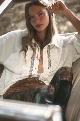 Pilcro Crystal-Embellished Relaxed Buttondown Shirt | Anthropologie (US)