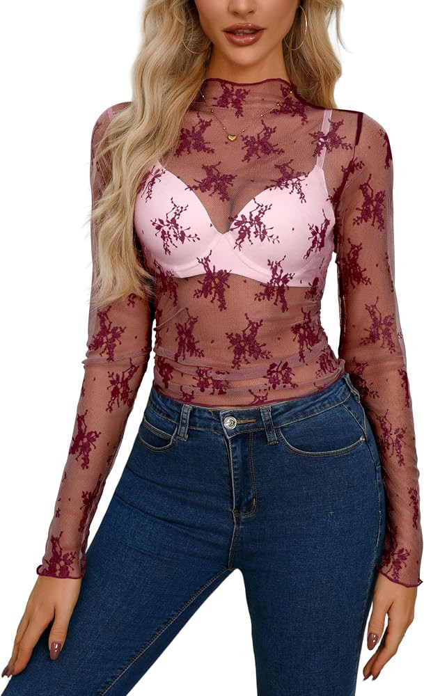 AISEW Womens Mesh Sheer Long Sleeve Crop Tops Mock Neck Sexy See Through Tee Shirts Lace Floral Y... | Amazon (US)