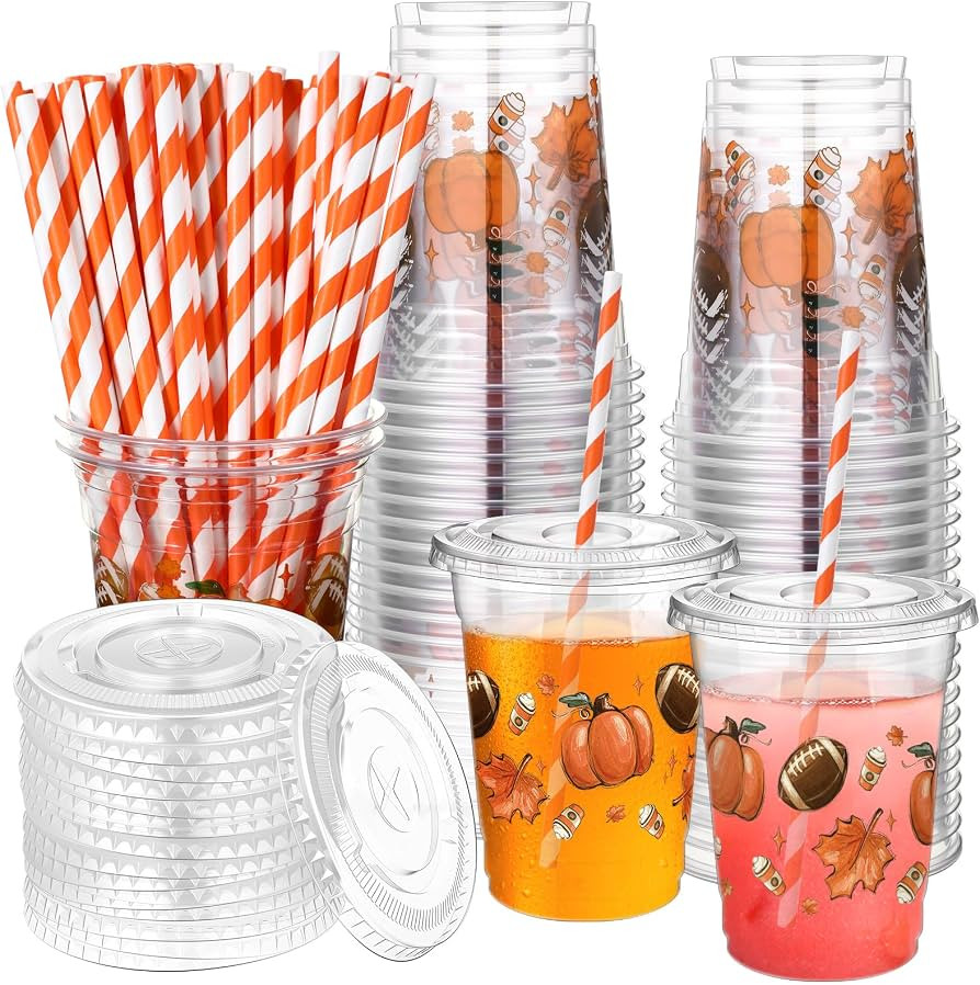 Suclain 50 Set Thanksgiving Disposable Plastic Cups with Lids and Straws 12oz Autumn Football Map... | Amazon (US)