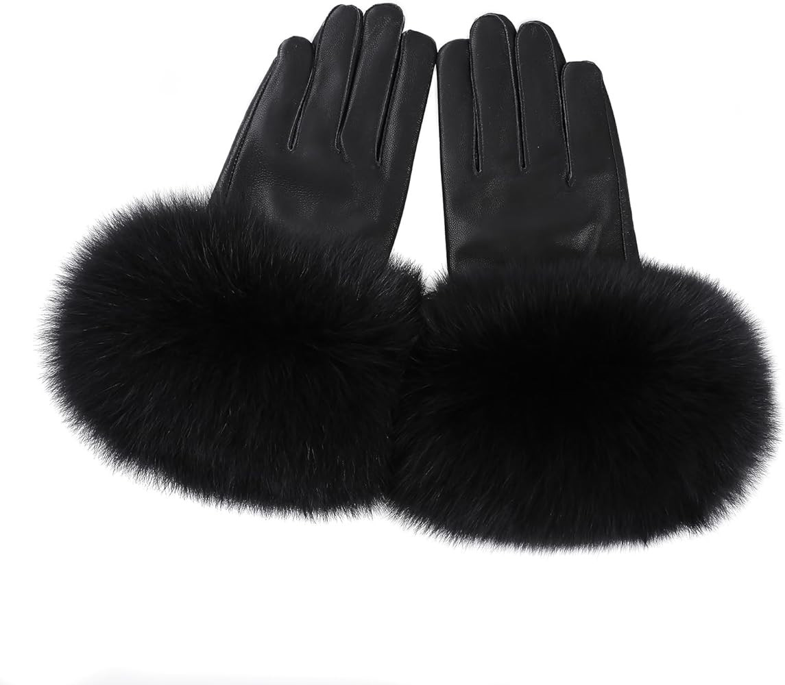 Women Genuine Lambskin Leather Gloves With Real Fox Fur Trim Cuff Winter Warm Driving Gloves-Velv... | Amazon (US)