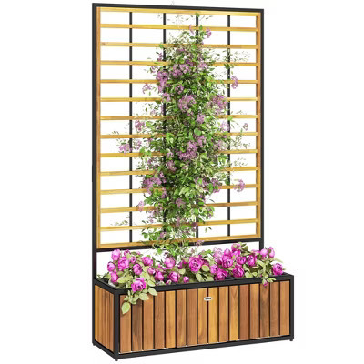 Outsunny Wooden Raised Garden Bed with Trellis, Removable Pots, Raised Planter Box for Climbing Vines, Vegetables, Flowers, 29 x 11 x 52 in., Teak | Target