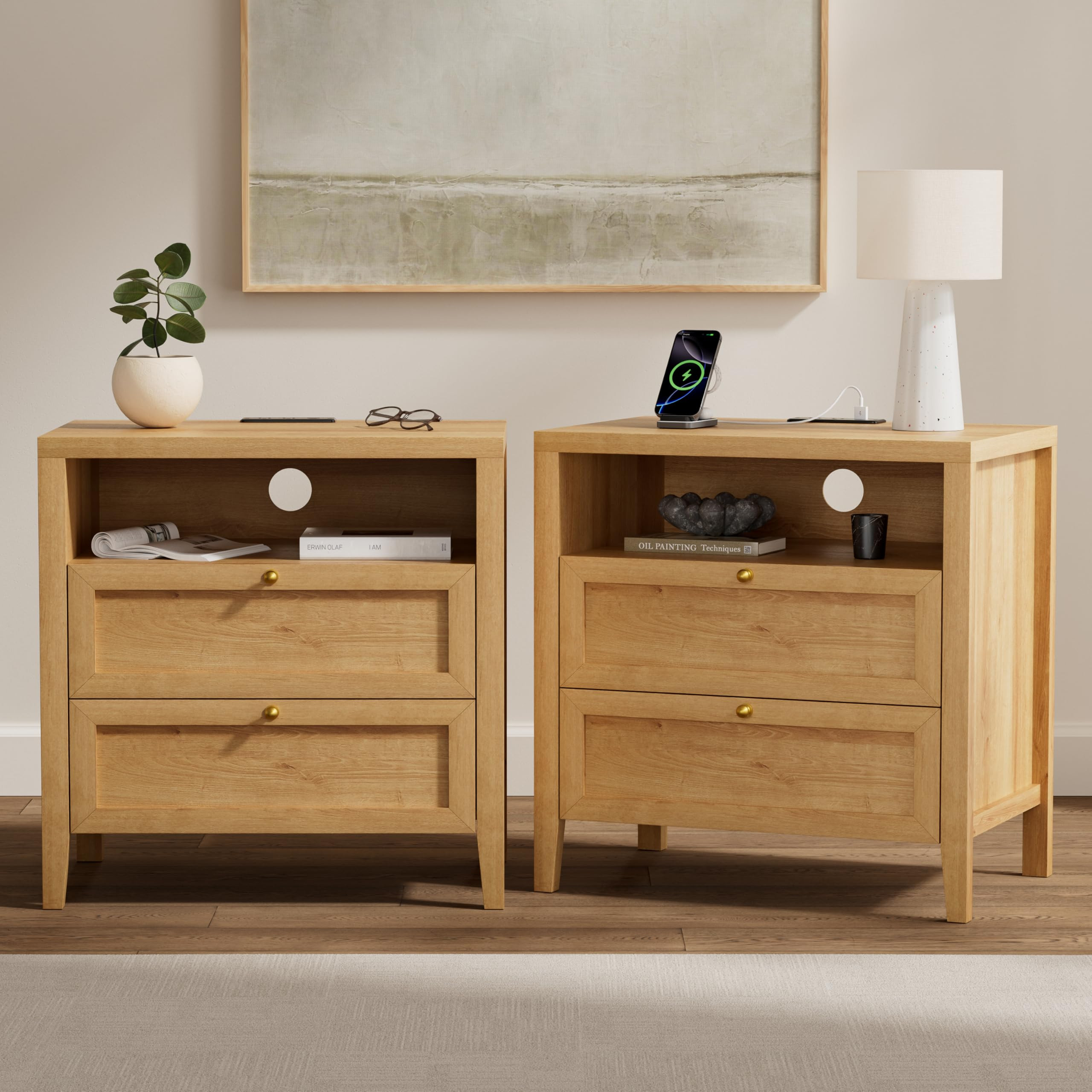 Farmhouse Nightstands with 2 Drawers Set of 2, Wooden End Tables with Open Storage Cable Hole Fre... | Amazon (US)