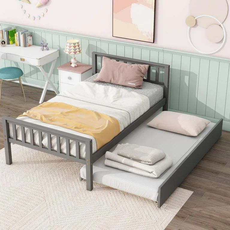 PAPROOS Twin Bed Frame with Trundle, Twin Size Wood Platform with Trundle Bed, Headboard and Foot... | Walmart (US)