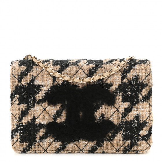 CHANEL Tweed Shearling Quilted Chanel Wallet On Chain WOC Beige Black | Fashionphile