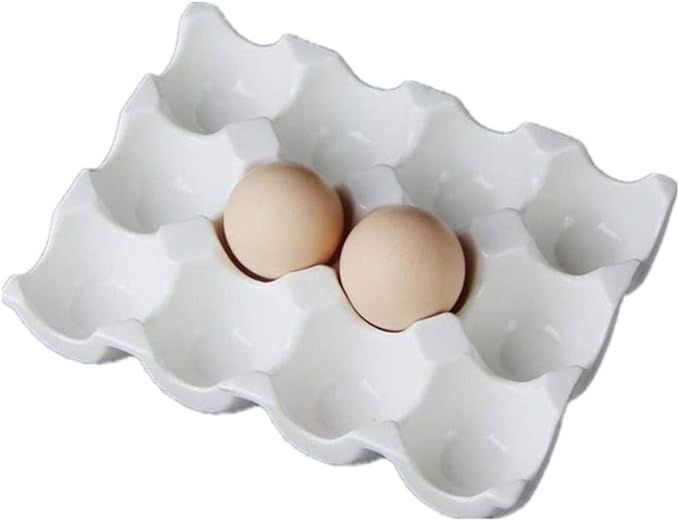 12 Cups Egg Holder for Fridge,Egg Tray Holder,Pretty Ceramic Egg Plate,7.5X5.5X1.5" Kitchen Resta... | Amazon (US)