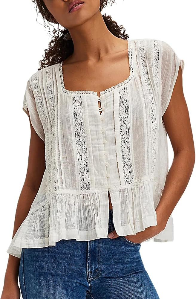 Women Summer Lace Trim Tank Top Beach Vacation Tie Front Button Down Tank Vest Loose Elegant T-Sh... | Amazon (UK)