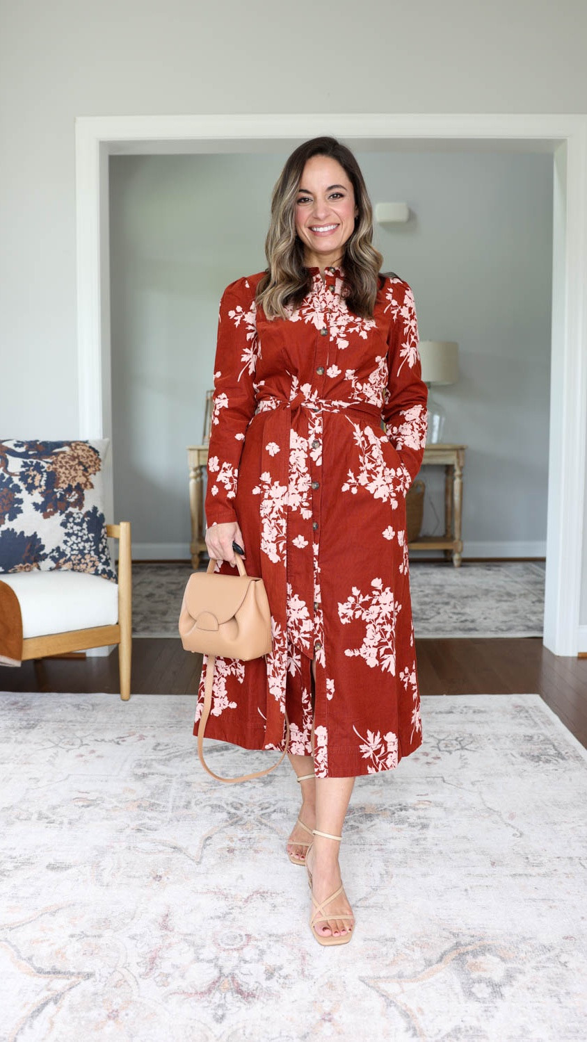 Four petite-friendly early fall dresses! 

Floral dress (Boden): petite 0 
Navy floral dress (Boden): petite 0 
Black dress (Anthropologie): petite xxs 
Rust corduroy dress (Anthropologie): xxs

#LTKPetite