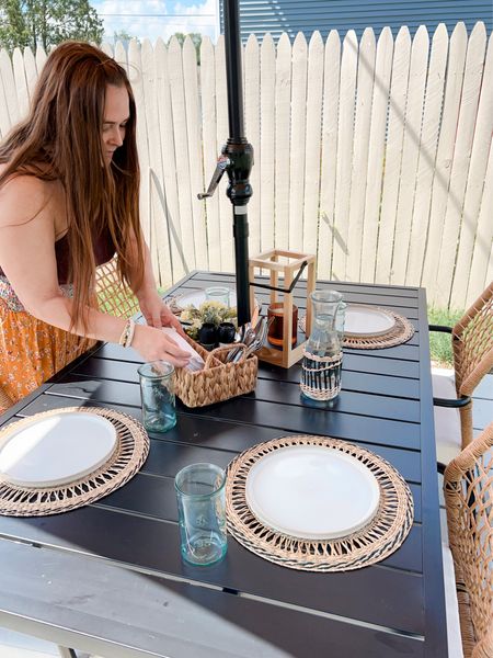 Get your outdoor table settings ready for labor day!

outdoor dining table ideas, patio table decor, patio table centerpiece, outdoor table decor, outdoor home decor, silverware caddy, outdoor patio decor, drinking glass, patio dining ideas, rattan silverware caddy, dinner plates, dinner placemat, dinner table setting