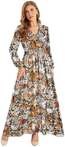 CYiNu Long Sleeve Maxi Dress for Women Chiffon V Neck Boho Floral Long Dress | Amazon (US)